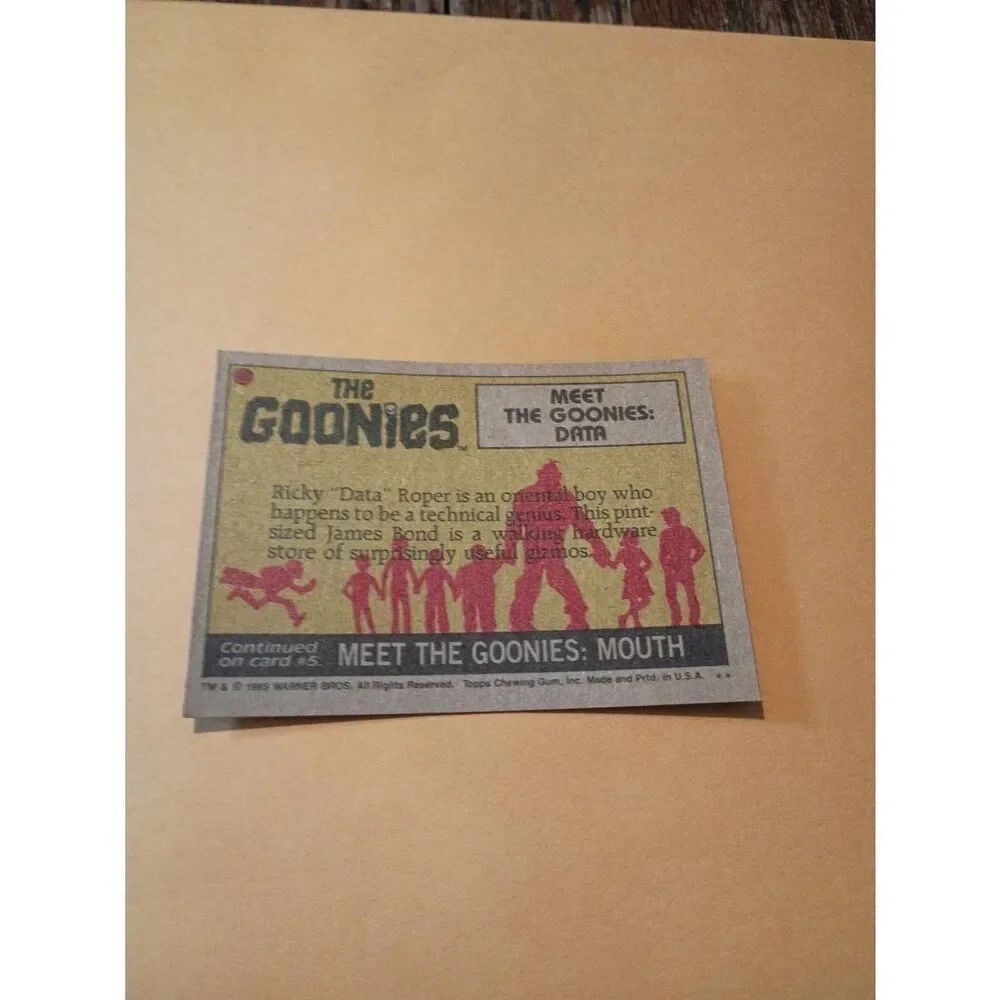 Vintage 1985 Warner Bros Topps Chewing Gum The Goonies Trading Card #4 Data - Picture 2 of 2